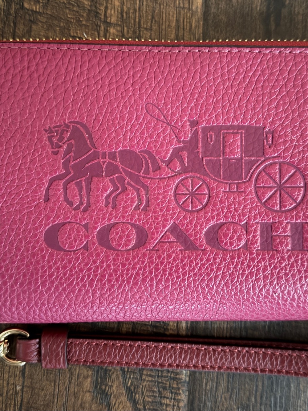 Coach Raspberry Pebbled Leather Horse & Carriage Zip-Around Wristlet Wallet